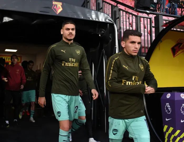 Framed Print : Arsenal Players Konstantinos Mavropanos and Lucas Torreira Before Watford Match, 2018-19 Premier League Framed Print : Arsenal Players Konstantinos Mavropanos and Lucas Torreira Before Watford Match, 2018-19 Premier League