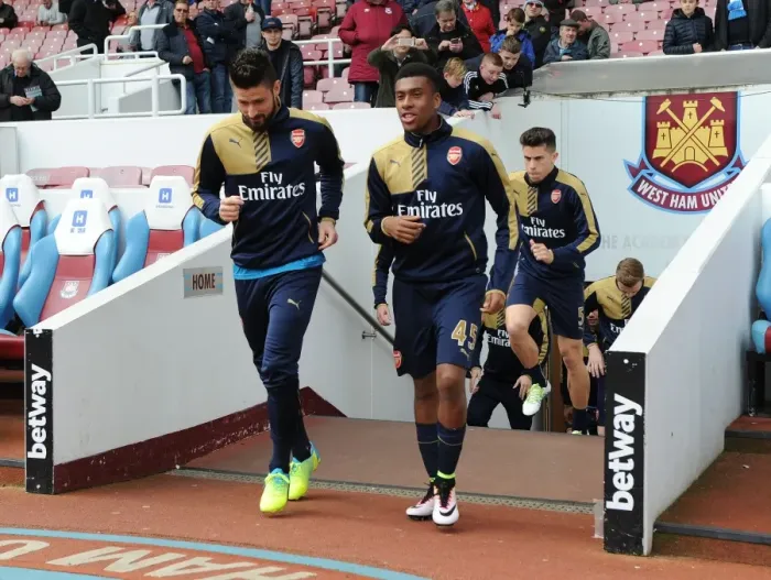 Framed Print : Arsenal Players Olivier Giroud and Alex Iwobi Preparing for West Ham United Match, 2015-16 Premier League Framed Print : Arsenal Players Olivier Giroud and Alex Iwobi Preparing for West Ham United Match, 2015-16 Premier League