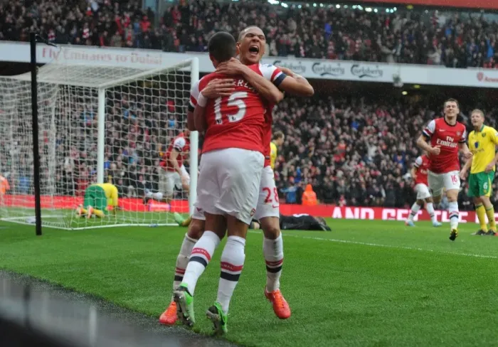 Framed Print : Arsenal Players Oxlade-Chamberlain and Gibbs Celebrate Second Goal vs. Norwich City (2012-13) Framed Print : Arsenal Players Oxlade-Chamberlain and Gibbs Celebrate Second Goal vs. Norwich City (2012-13)