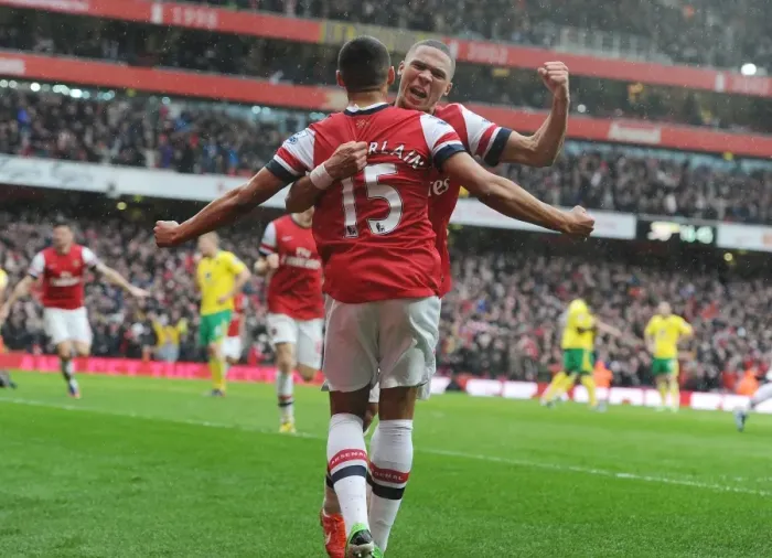 Framed Print : Arsenal Players Oxlade-Chamberlain and Gibbs Celebrate Second Goal vs Norwich City (2012-13)