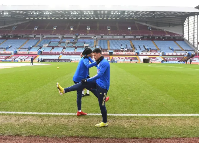 Framed Print : Arsenal Players Pierre-Emerick Aubameyang and Gabriel Martinelli Before Aston Villa vs Arsenal, Premier League 2021 (Behind Closed Doors)