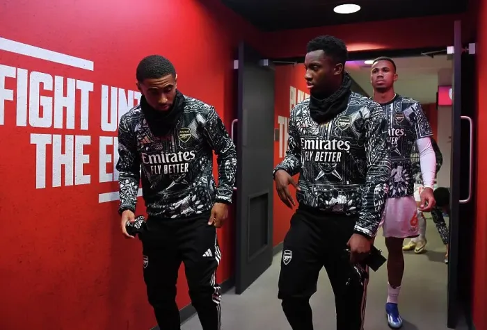 Framed Print : Arsenal Players Reunite: Nelson and Nketiah Deep in Conversation Before Arsenal v West Ham (2023-24) Framed Print : Arsenal Players Reunite: Nelson and Nketiah Deep in Conversation Before Arsenal v West Ham (2023-24)
