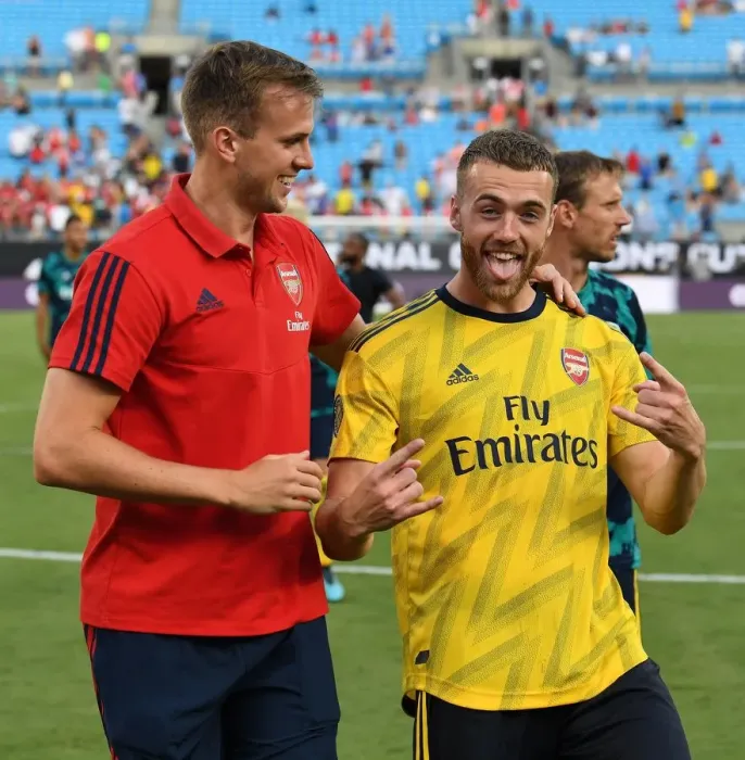 Framed Print : Arsenal Players Rob Holding and Calum Chambers Post-Match at 2019 International Champions Cup in Charlotte