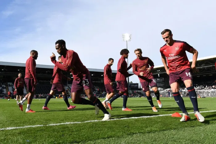 Framed Print : Arsenal Players Rob Holding and Danny Welbeck Warming Up Ahead of Fulham Match, 2018-19 Premier League Framed Print : Arsenal Players Rob Holding and Danny Welbeck Warming Up Ahead of Fulham Match, 2018-19 Premier League
