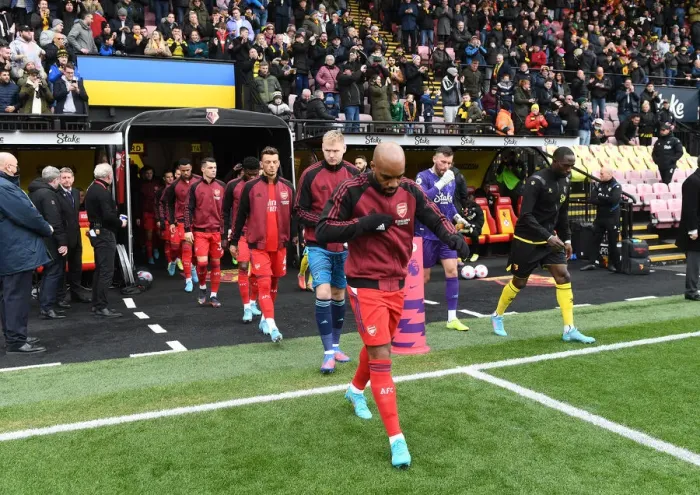 Framed Print : Arsenal Players Walk Out Ahead of Watford vs Arsenal Premier League Match (2021-22)
