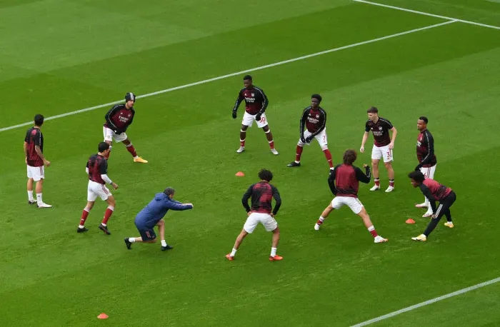 Framed Print : Arsenal Players Warm Up Ahead of Arsenal v Sheffield United in 2020-21 Premier League
