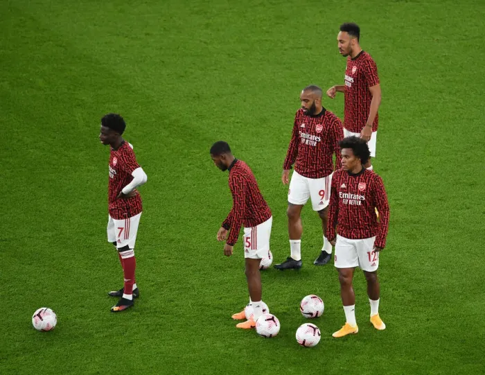 Framed Print : Arsenal Players Warm Up: Arsenal vs Aston Villa, Premier League 2020-21