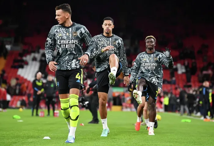 Framed Print : Arsenal Players William Saliba, Ben White, and Bukayo Saka Warm Up Ahead of Liverpool FC Clash (2023-24) Framed Print : Arsenal Players William Saliba, Ben White, and Bukayo Saka Warm Up Ahead of Liverpool FC Clash (2023-24)