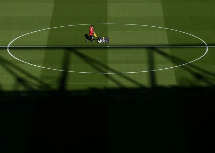 Framed Print : Arsenal: Pre-Match Groundskeeping at Emirates Stadium - Battle Ready for Arsenal v Aston Villa (2021-22)