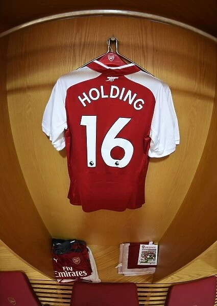 Arsenal: Rob Holding's Emirates Jersey in the Home Changing Room Before Arsenal vs Leicester City (2017-18)