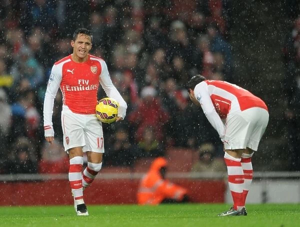Arsenal: Sanchez and Cazorla in Penalty Discussion during Arsenal v Queens Park Rangers Match, 2014-15