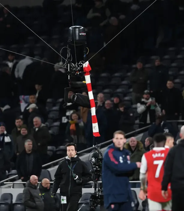 Framed Print : Arsenal Scarf Hangs at Tottenham Hotspur Stadium: Tottenham vs. Arsenal, Premier League 2022-23