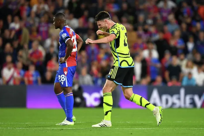 Framed Print : Arsenal Secures Hard-Fought Victory Over Crystal Palace in 2023-24 Premier League: Declan Rice Leads the Celebrations