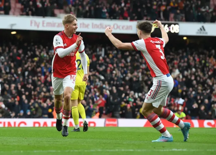 Framed Print : Arsenal: Smith Rowe and Tierney Celebrate First Goal Against Brentford (2021-22) Framed Print : Arsenal: Smith Rowe and Tierney Celebrate First Goal Against Brentford (2021-22)