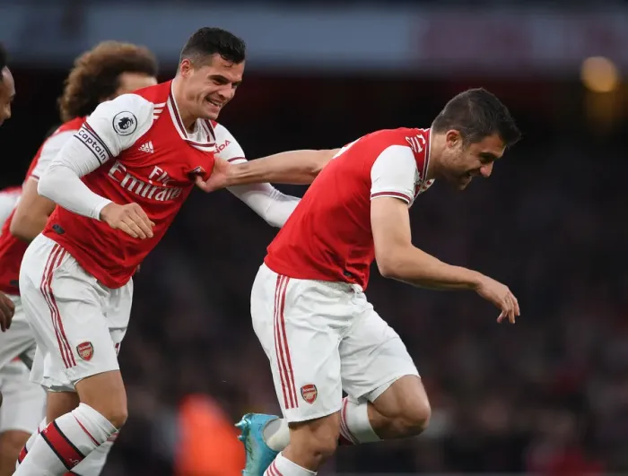 Framed Print : Arsenal: Sokratis and Xhaka's Celebration of First Goal Against Crystal Palace (2019-20)