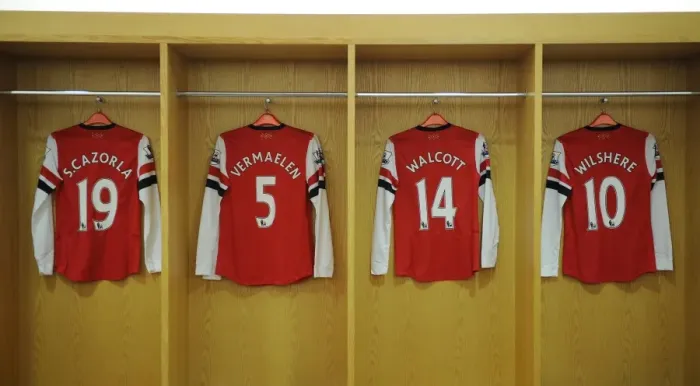 Framed Print : Arsenal Squad Pre-Match: Santi Cazorla, Thomas Vermaelen, Theo Walcott, and Jack Wilshere