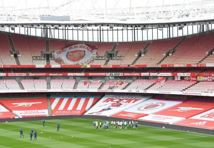 Framed Print : Arsenal Squad Training at Emptied Emirates Ahead of Arsenal vs Liverpool, Premier League 2021
