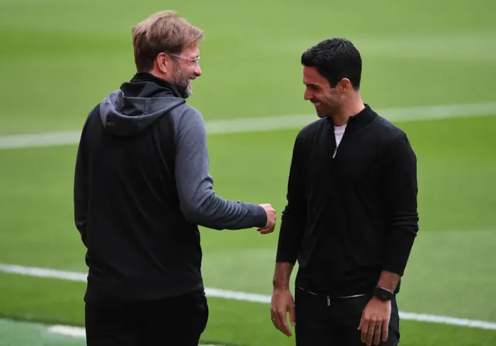 Framed Print : Empty Arsenal Stadium: Mikel Arteta and Jurgen Klopp Greet Ahead of Arsenal vs. Liverpool (Premier League, 2019-2020)