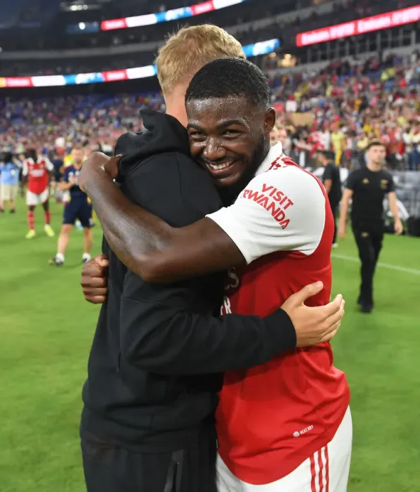 Framed Print : Arsenal Stars Ainsley Maitland-Niles and Emile Smith Rowe Post-Match in Baltimore During Arsenal's 2022 Pre-Season Tour Against Everton