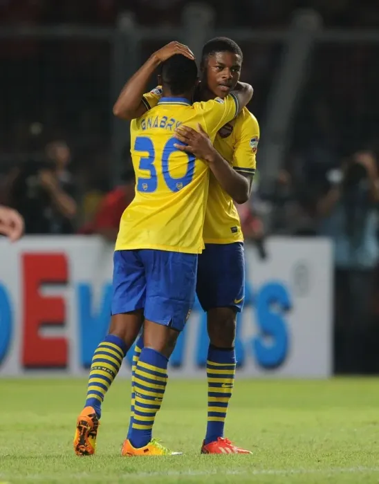 Framed Print : Arsenal Stars: Akpom and Gnabry Celebrate Goal Against Indonesia All-Stars Framed Print : Arsenal Stars: Akpom and Gnabry Celebrate Goal Against Indonesia All-Stars