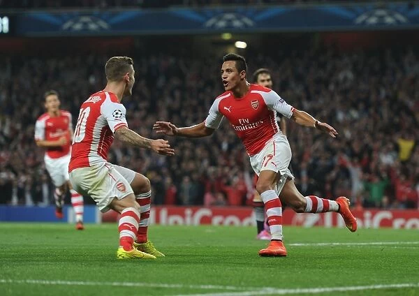 Arsenal Stars: Alexis Sanchez and Jack Wilshere Celebrate Goal in Arsenal's UEFA Champions League Victory (2014)