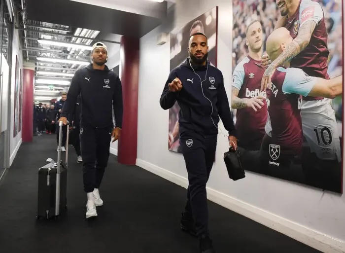 Framed Print : Arsenal Stars Aubameyang and Lacazette Head to Changing Room Before West Ham Showdown (2018-19)