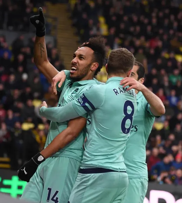 Framed Print : Arsenal Stars Aubameyang and Ramsey: Celebrating a Goal Against Watford (2018-19) Framed Print : Arsenal Stars Aubameyang and Ramsey: Celebrating a Goal Against Watford (2018-19)