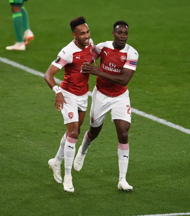 Framed Print : Arsenal Stars Aubameyang and Welbeck: Celebrating Europa League Goal