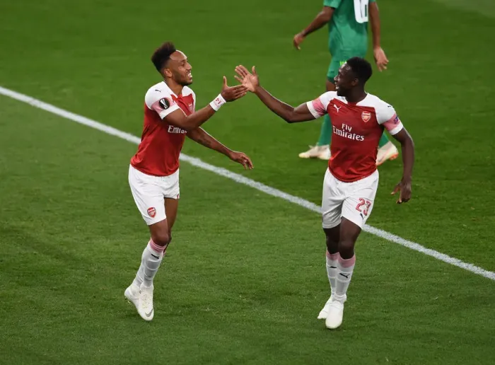 Framed Print : Arsenal Stars Aubameyang and Welbeck in Jubilant Goal Celebration during Europa League Victory Framed Print : Arsenal Stars Aubameyang and Welbeck in Jubilant Goal Celebration during Europa League Victory