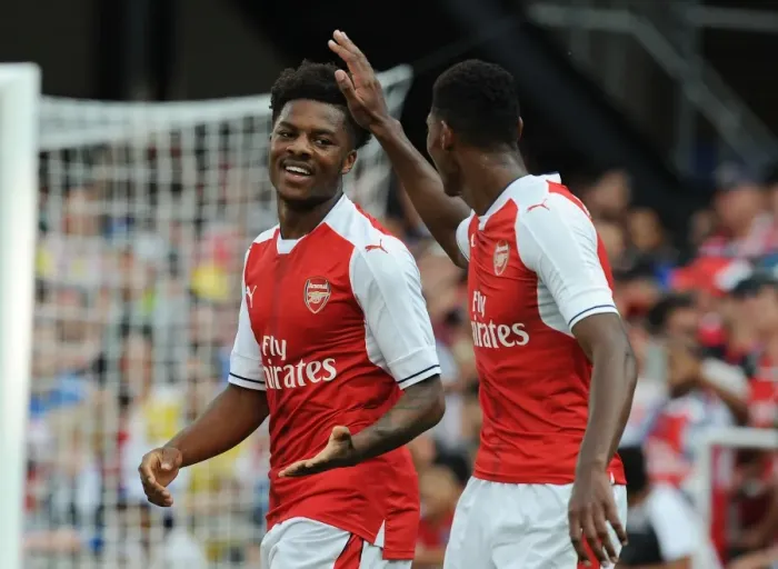 Framed Print : Arsenal Stars: Chuba Akpom and Jeff Reine-Adelaide Celebrate Goals at 2016 MLS All-Star Game Framed Print : Arsenal Stars: Chuba Akpom and Jeff Reine-Adelaide Celebrate Goals at 2016 MLS All-Star Game