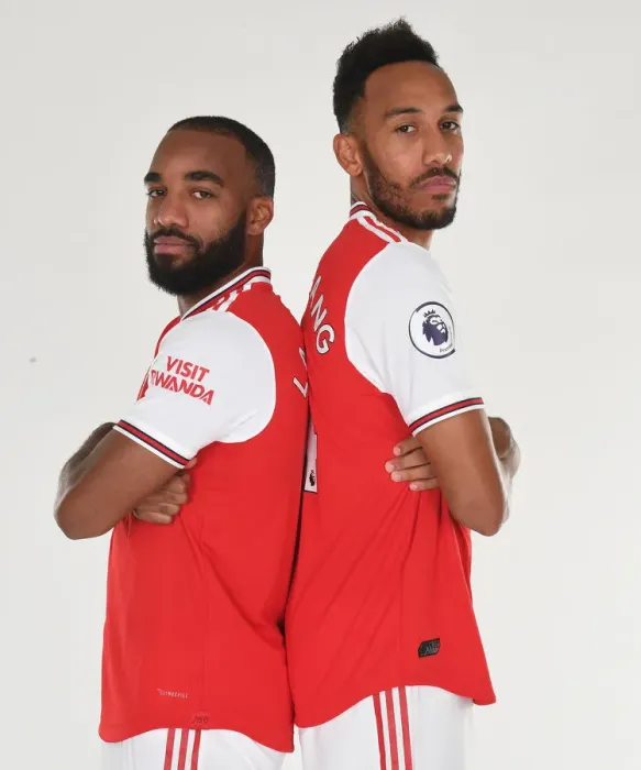 Framed Print : Arsenal Stars Lacazette and Aubameyang at 2019-20 Photocall