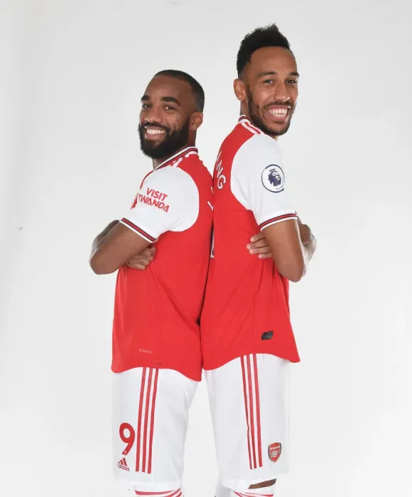 Framed Print : Arsenal Stars Lacazette and Aubameyang at 2019-2020 Photocall