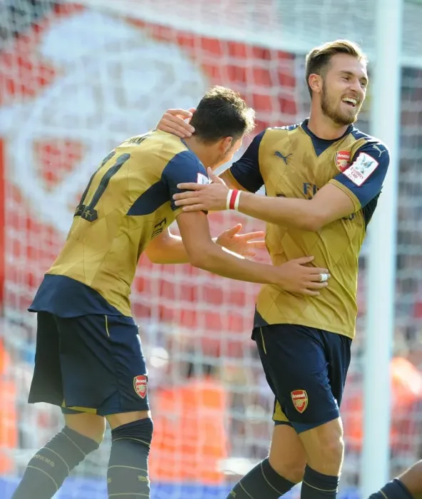 Framed Print : Arsenal Stars Mesut Ozil and Aaron Ramsey Celebrating Goals against Olympique Lyonnais, Emirates Cup 2015 / 16 Framed Print : Arsenal Stars Mesut Ozil and Aaron Ramsey Celebrating Goals against Olympique Lyonnais, Emirates Cup 2015 / 16