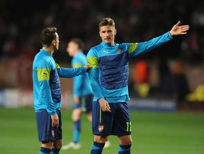 Framed Print : Arsenal Stars Mesut Ozil and Olivier Giroud Before Monaco Clash in UEFA Champions League