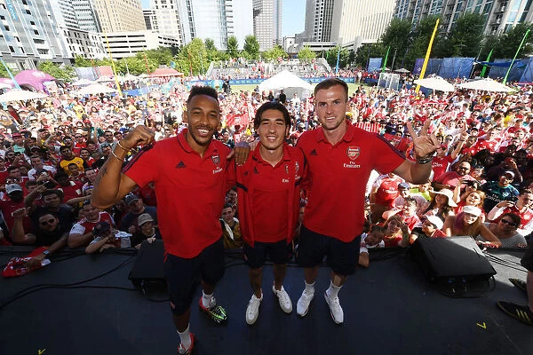 Arsenal Stars Mingle with Fans before Arsenal v Fiorentina in 2019: Aubameyang, Bellerin, and Holding Meet and Greet Supporters in Charlotte