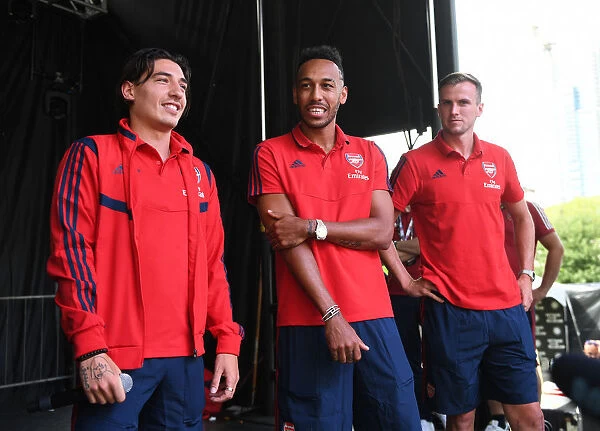 Arsenal Stars Mingle with Fans: Hector Bellerin, Pierre-Emerick Aubameyang, and Rob Holding Before Arsenal vs. Fiorentina in 2019 International Champions Cup, Charlotte