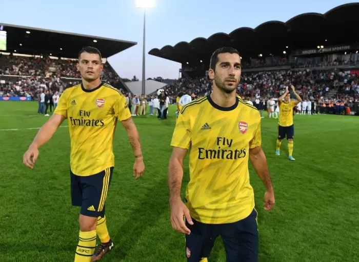 Framed Print : Arsenal Stars Mkhitaryan and Xhaka Greet Fans after Angers Friendly