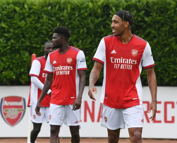 Framed Print : Arsenal Stars Partey and Aubameyang Post-Match: Arsenal v Millwall Pre-Season Friendly, 2021