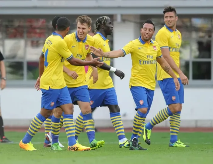 Framed Print : Arsenal Stars: Ramsey, Walcott, Cazorla, Giroud Celebrate Goals Against Manchester City (2013-14 Pre-Season) Framed Print : Arsenal Stars: Ramsey, Walcott, Cazorla, Giroud Celebrate Goals Against Manchester City (2013-14 Pre-Season)