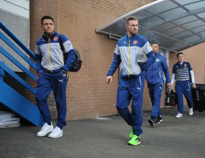Framed Print : Arsenal Stars Sanchez and Ramsey Arrive at Turf Moor Before Burnley Clash (2015)
