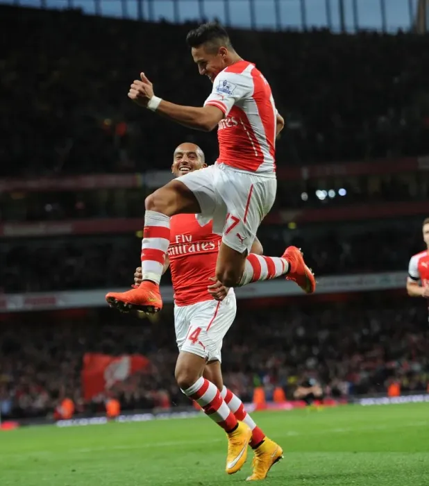 Framed Print : Arsenal Stars: Sanchez and Walcott Celebrate Goals Against Burnley, 2014 / 15 Framed Print : Arsenal Stars: Sanchez and Walcott Celebrate Goals Against Burnley, 2014 / 15