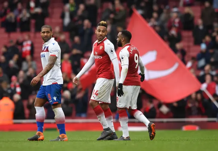 Framed Print : Arsenal Strikers Aubameyang and Lacazette Celebrate Victory Over Stoke City