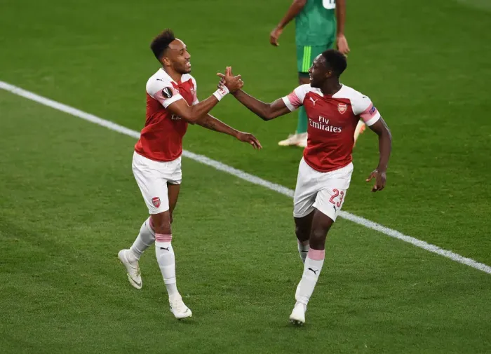 Framed Print : Arsenal Strikers Aubameyang and Welbeck Celebrate Goal in Europa League Match Framed Print : Arsenal Strikers Aubameyang and Welbeck Celebrate Goal in Europa League Match