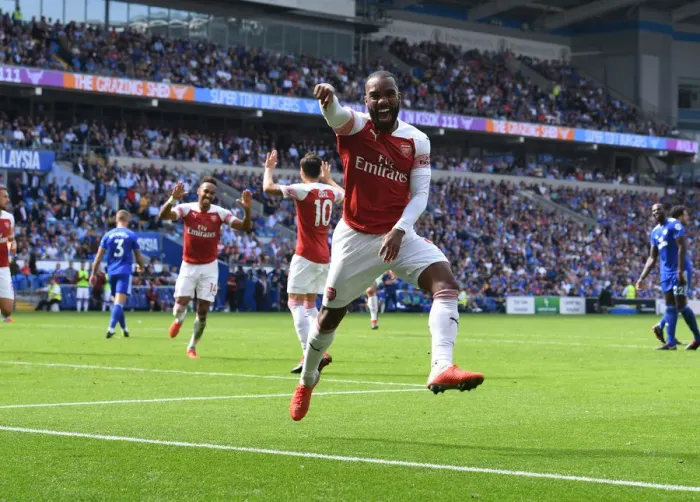 Framed Print : Arsenal Strikers Lacazette and Aubameyang Celebrate Goal Scoring Partnership in Premier League Match against Cardiff City Framed Print : Arsenal Strikers Lacazette and Aubameyang Celebrate Goal Scoring Partnership in Premier League Match against Cardiff City