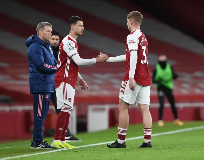 Framed Print : Arsenal Substitute Gabriel Martinelli Replaces Emile Smith Rowe During Empty Emirates Stadium: Arsenal vs Newcastle United, Premier League 2021