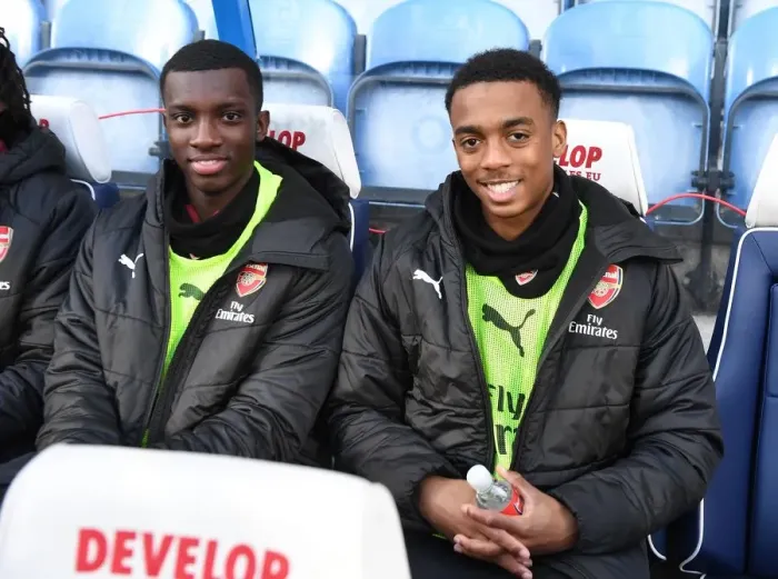 Framed Print : Arsenal Substitutes Eddie Nketiah and Joe Willock Before Huddersfield Match Framed Print : Arsenal Substitutes Eddie Nketiah and Joe Willock Before Huddersfield Match