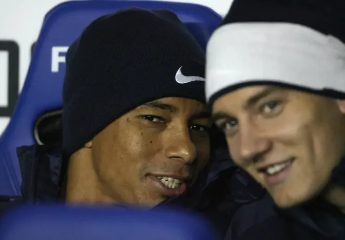 Framed Print : Arsenal substitutes Gilberto and Nicklas Bendtner before the match Framed Print : Arsenal substitutes Gilberto and Nicklas Bendtner before the match