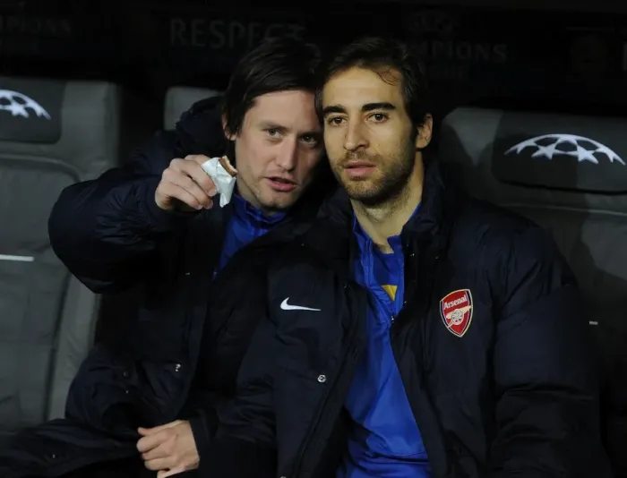 Framed Print : Arsenal Substitutes Rosicky and Flamini Before Bayern Munich Clash in Champions League