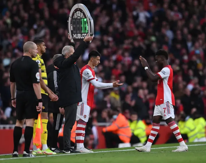 Framed Print : Arsenal Substitution: Gabriel Martinelli Replaces Saka vs. Watford (Premier League 2021-22)