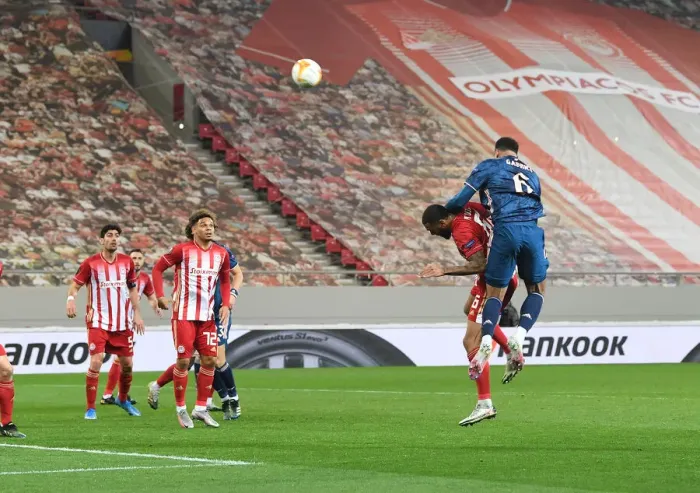 Framed Print : Arsenal Takes 2-0 Lead in Empty Europa League Stadium: Gabriel Scores Against Olympiacos